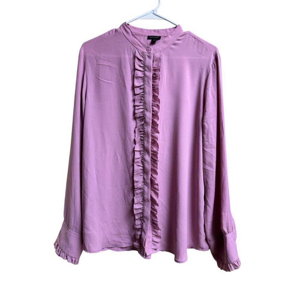 Ann Taylor Mauve Ruffle Front Blouse Large Long Sleeve Workwear